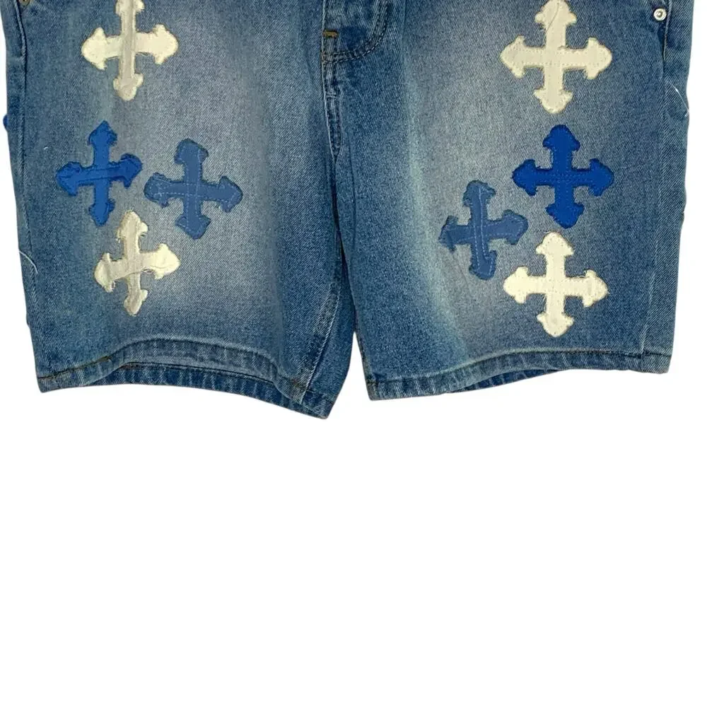 BoohooMan 36 NEW Slim Rigid Applique Jean Shorts In Light Blue Streetwear